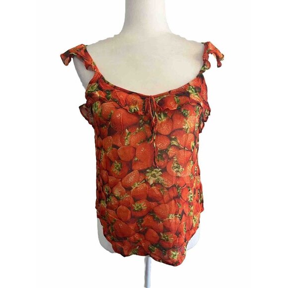 Anthropologie Red Strawberries Blouse Sleeveless Flutter Sleeve Women 4 - Picture 1 of 10